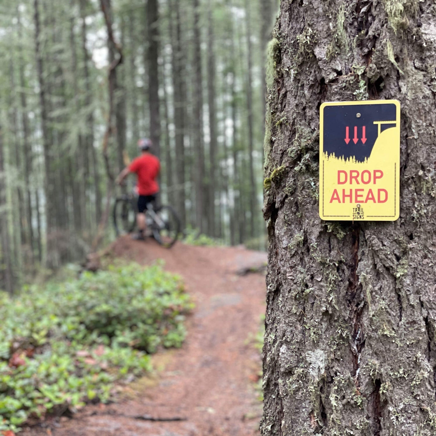 Drop Ahead Trail Sign on mountain bike trail 